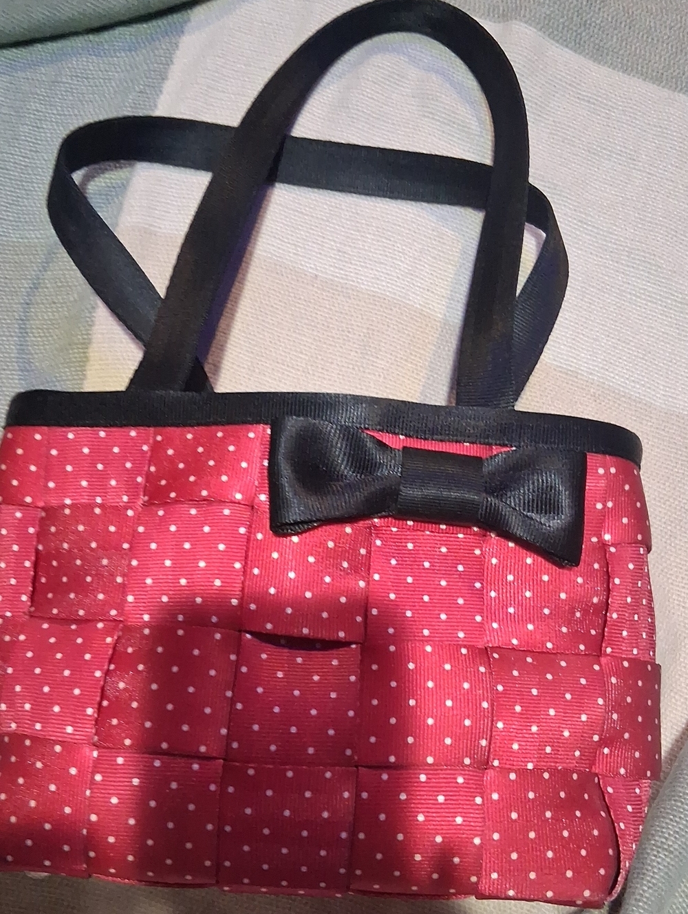 Red Polka Dot Bow-Accent Shoulder Bag with Black Trim